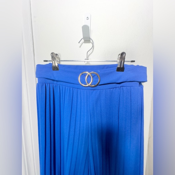 Wide leg Blue pleated pant • trouser gold buckle [ M ] - Picture 2 of 6